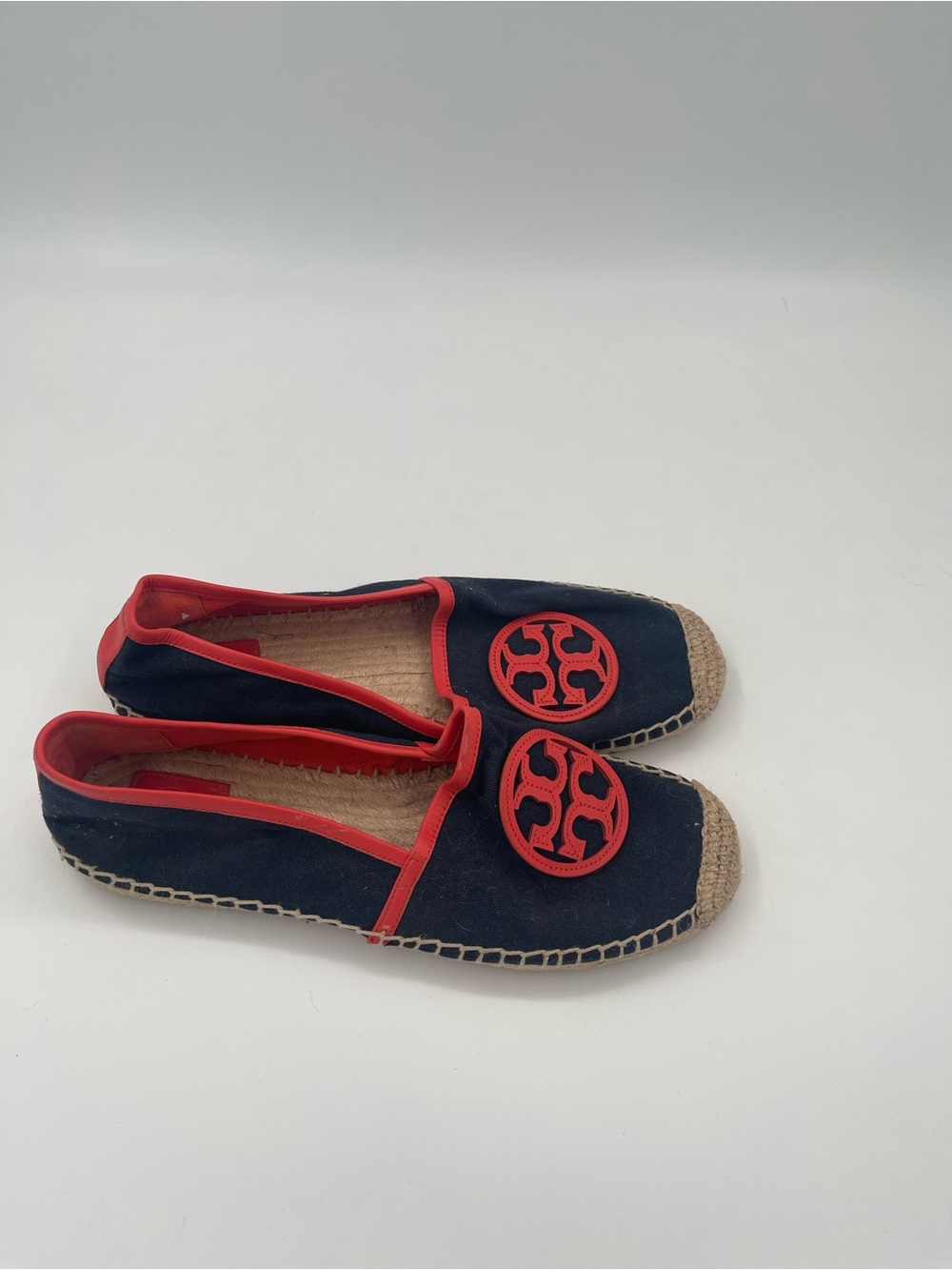 Tory Burch Navy Espadrille Flats with Red Trim and Logo